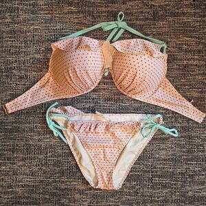 Victoria’s Secret Add 2 Cups Bikini Set 36DD Large Push Up Halter Ruffle Swim